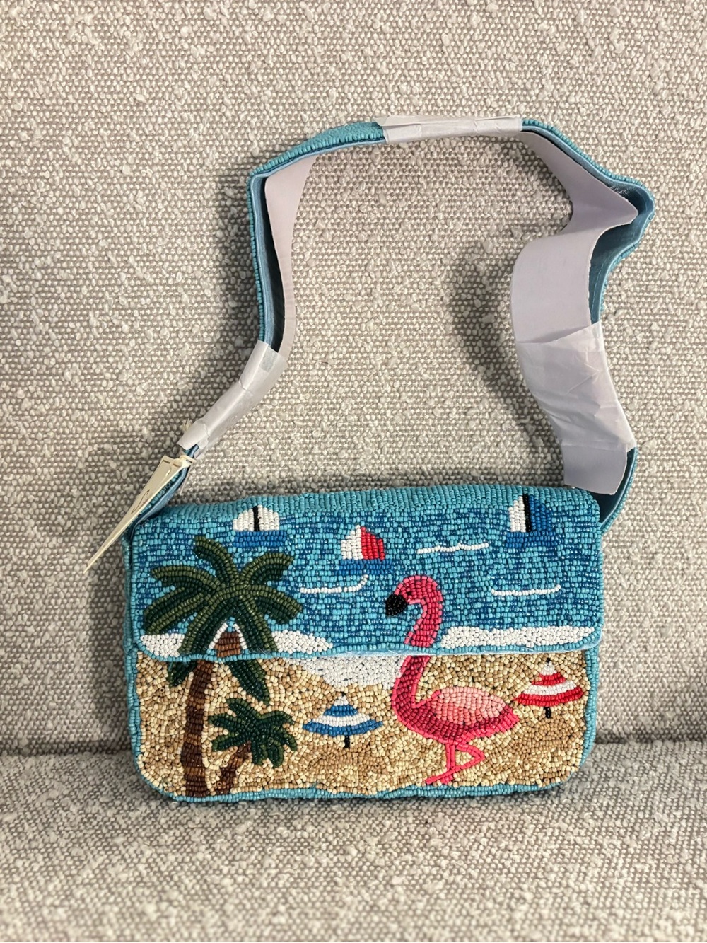 Sol & Mer Beaded Flamingo Beach Crossbody Bag - Blue & Pink
